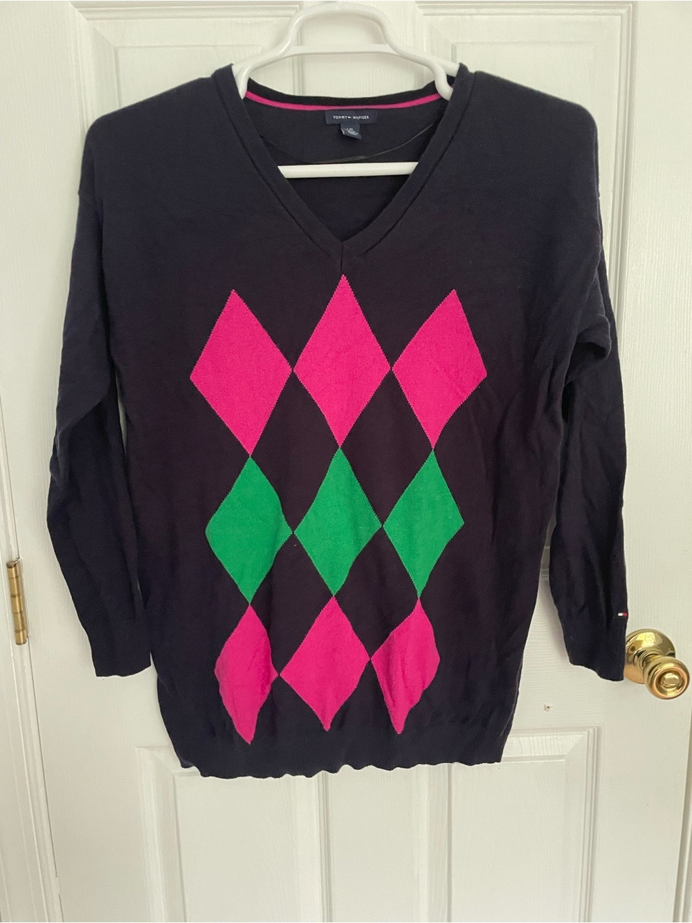 Tommy Hilfiger Black V-Neck Sweater with Pink & Green Argyle